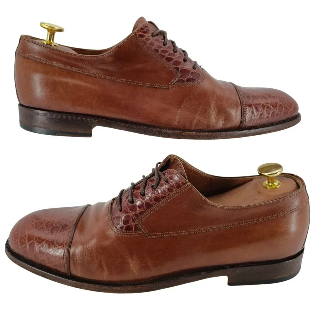 Exotic Bruno Magli Italy Brown Alligator Leather Oxfords Dress Shoes 10M Vintage - Picture 5 of 13